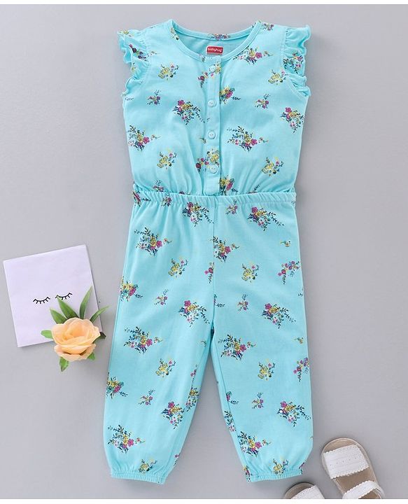 Babyhug 100% Cotton Short Sleeves Floral Printed Jumpsuit - Mint