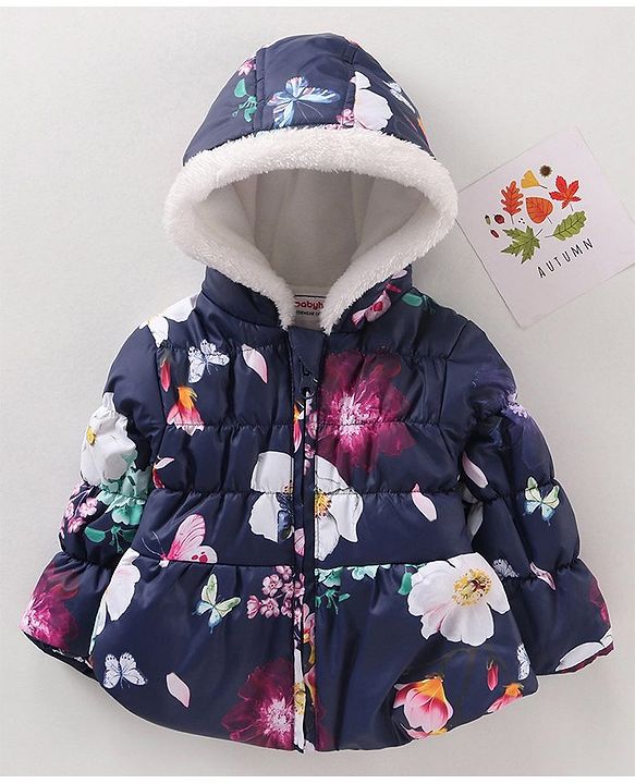Babyhug Full Sleeves Hooded Jacket Floral Print - Blue