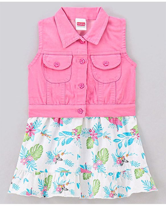 Babyhug 100% Cotton Sleeveless Frock With Jacket Leaf Print - White