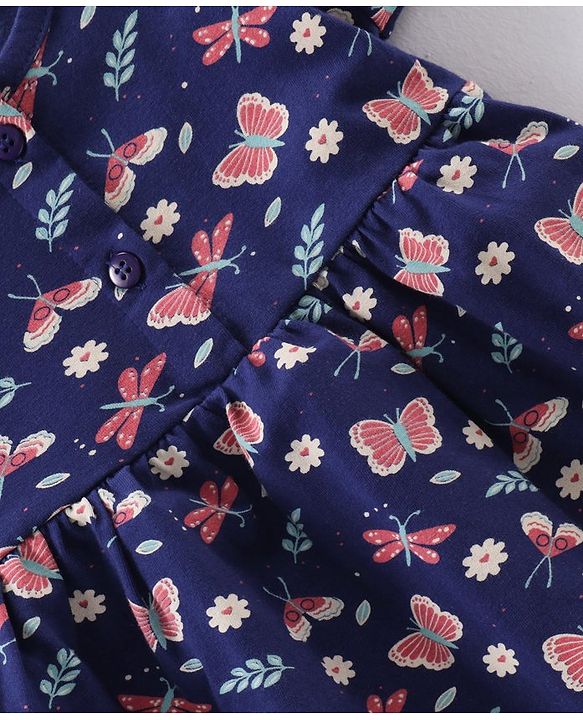 Babyhug 100% Cotton Half Sleeves Frocks Butterfly Print Pack Of 2 - Navy Blue Red