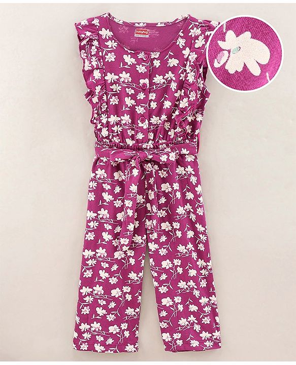 Babyhug 100% Cotton Sleeveless Jumpsuit Floral Print - Purple