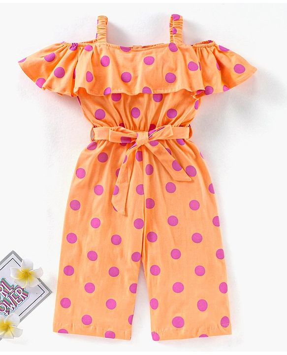 Babyhug 100% Cotton Cold Shoulder Jumpsuit Polka Dot Print - Peach