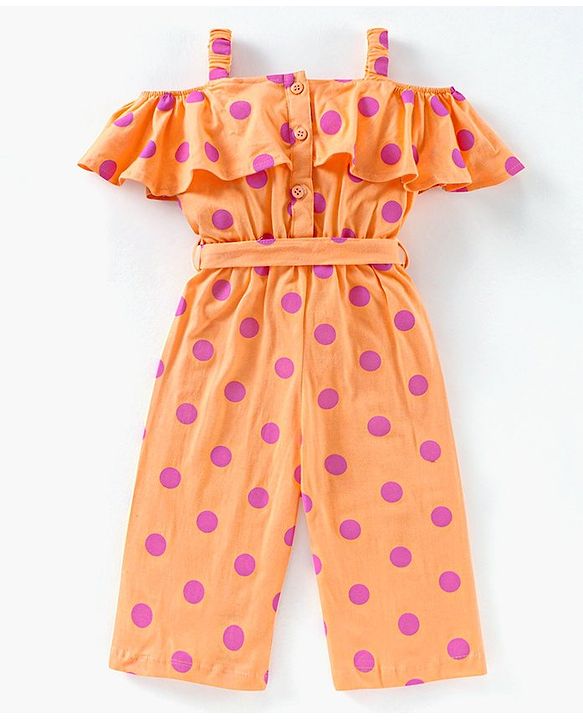Babyhug 100% Cotton Cold Shoulder Jumpsuit Polka Dot Print - Peach