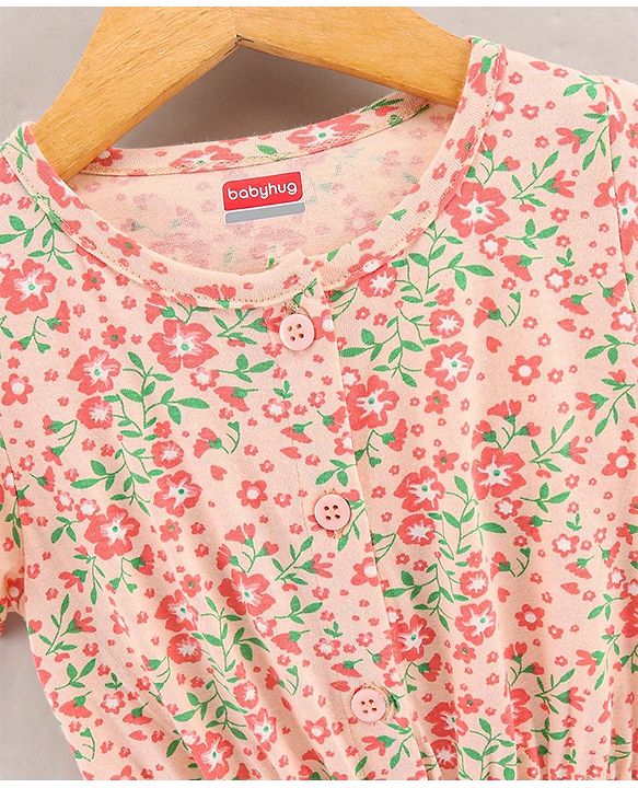 Babyhug 100% Cotton Half Sleeves Jumpsuit Floral Print - Peach