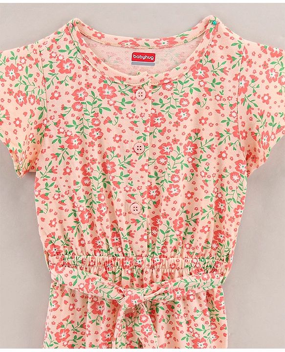 Babyhug 100% Cotton Half Sleeves Jumpsuit Floral Print - Peach