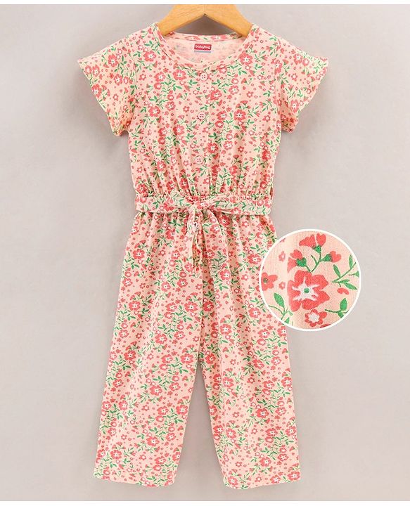Babyhug 100% Cotton Half Sleeves Jumpsuit Floral Print - Peach