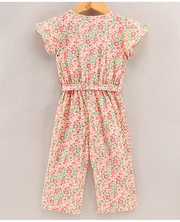 Babyhug 100% Cotton Half Sleeves Jumpsuit Floral Print - Peach