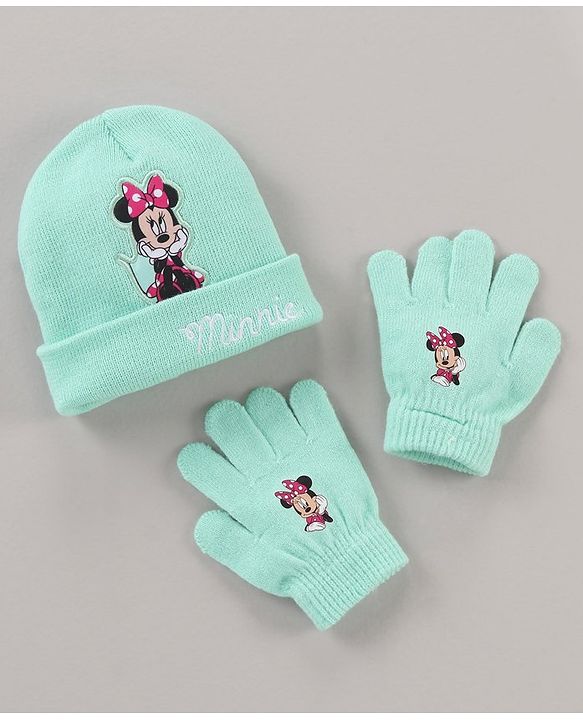 Babyhug Woollen Cap & Gloves Set Minnie Mouse Print Aqua - Diameter 10.5 cm