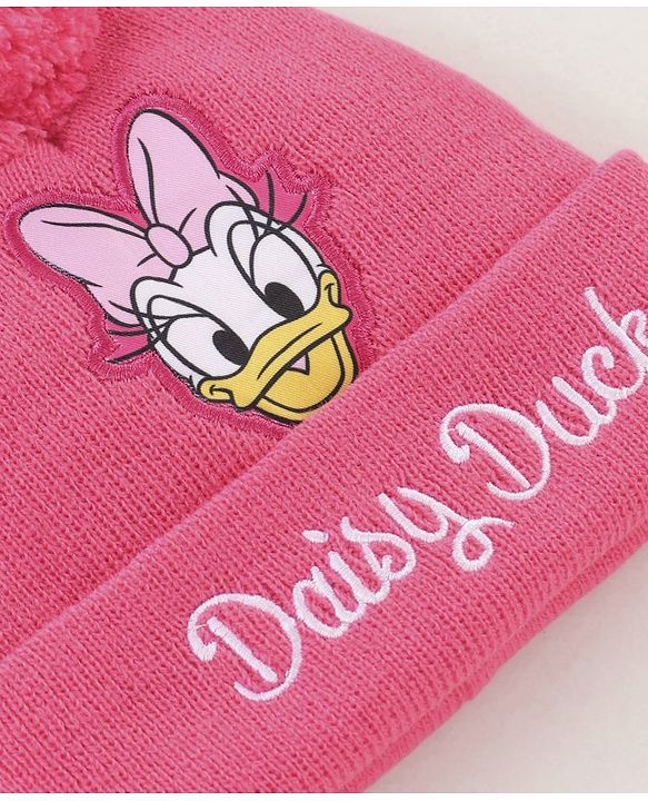 Babyhug Woollen Cap & Gloves Set With Pom Pom Detailing & Daisy Duck Print Pink - Diameter 10.5 cm