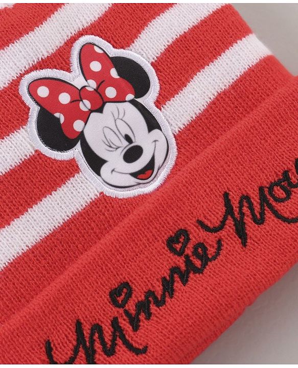 Babyhug Woollen Cap & Gloves Set Minnie Mouse Print Red White - Diameter 10.5 cm