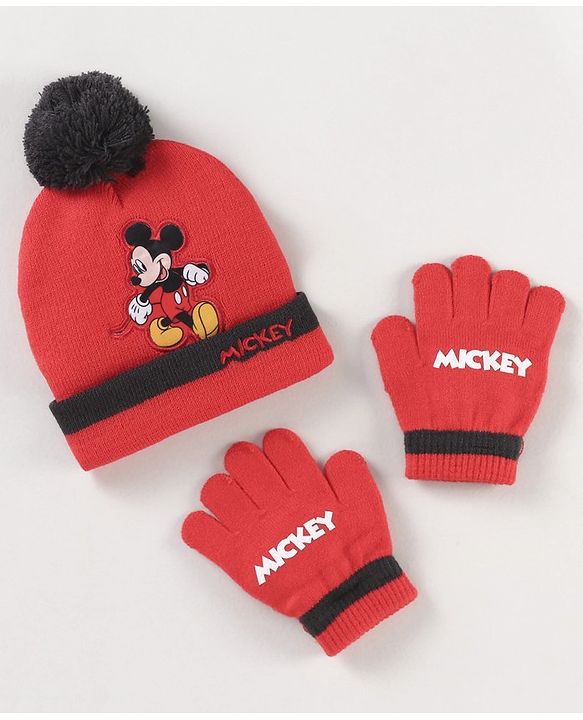 Babyhug Woollen Cap & Gloves Set With Pom Pom Detailing & Mickey Mouse Print Red - Diameter 10.5 cm