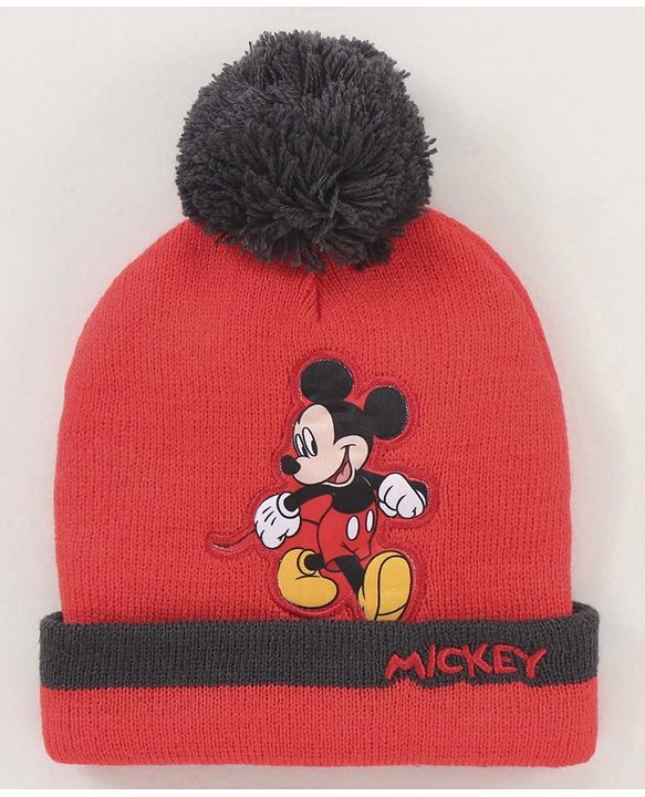 Babyhug Woollen Cap & Gloves Set With Pom Pom Detailing & Mickey Mouse Print Red - Diameter 10.5 cm
