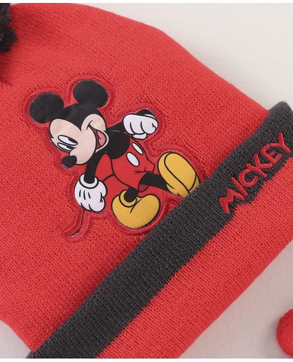 Babyhug Woollen Cap & Gloves Set With Pom Pom Detailing & Mickey Mouse Print Red - Diameter 10.5 cm