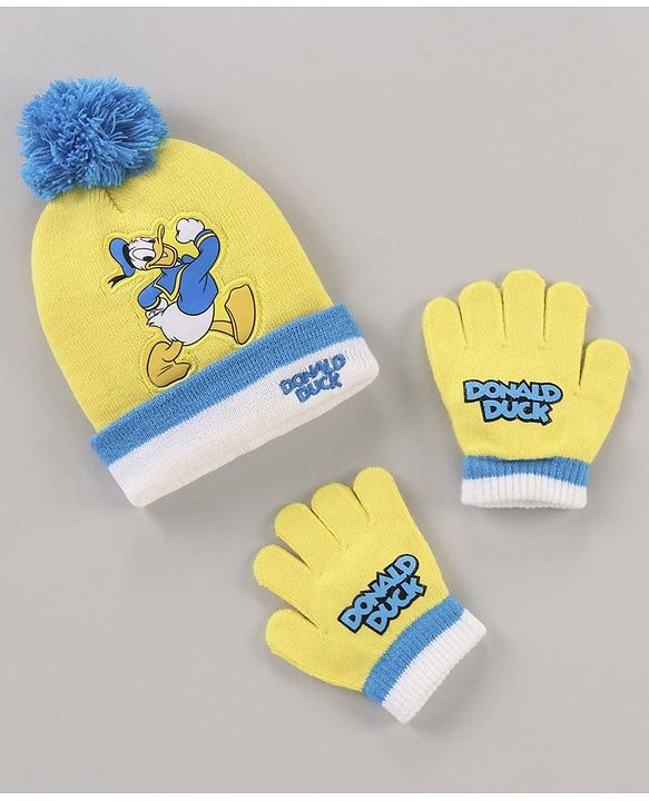 Babyhug Woollen Cap & Gloves Set With Pom Pom Detailing & Donald Duck Print Yellow - Diameter 10.5 cm