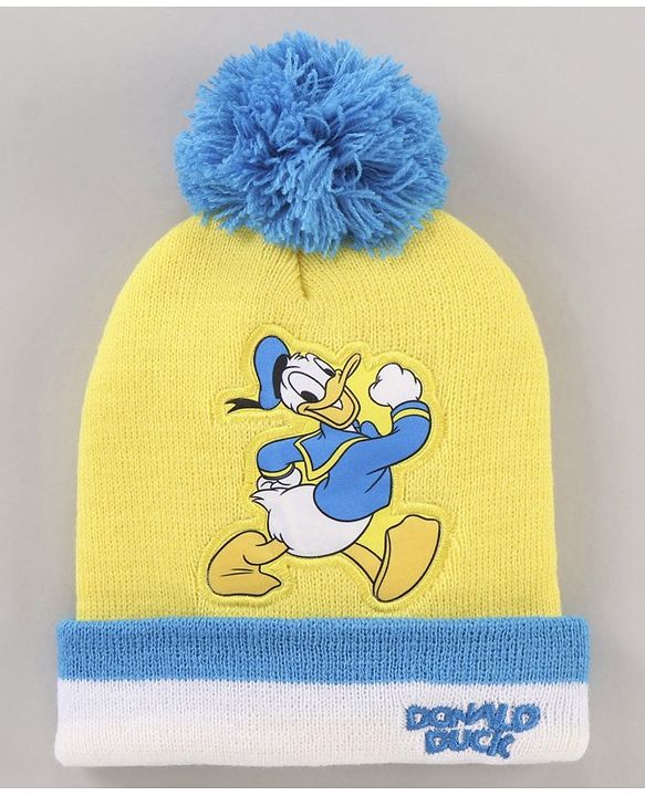 Babyhug Woollen Cap & Gloves Set With Pom Pom Detailing & Donald Duck Print Yellow - Diameter 10.5 cm