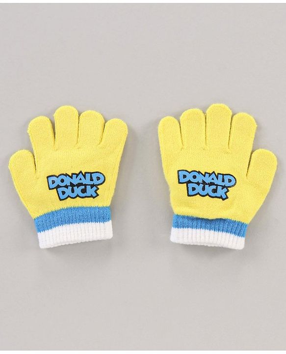 Babyhug Woollen Cap & Gloves Set With Pom Pom Detailing & Donald Duck Print Yellow - Diameter 10.5 cm