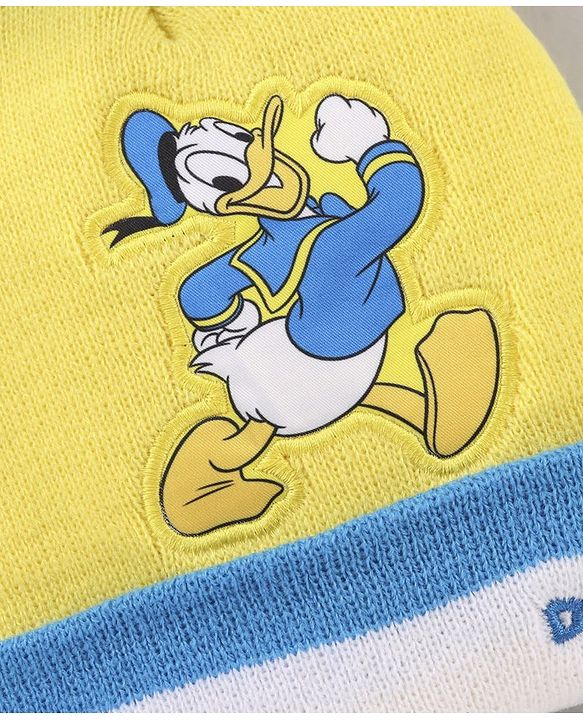 Babyhug Woollen Cap & Gloves Set With Pom Pom Detailing & Donald Duck Print Yellow - Diameter 10.5 cm