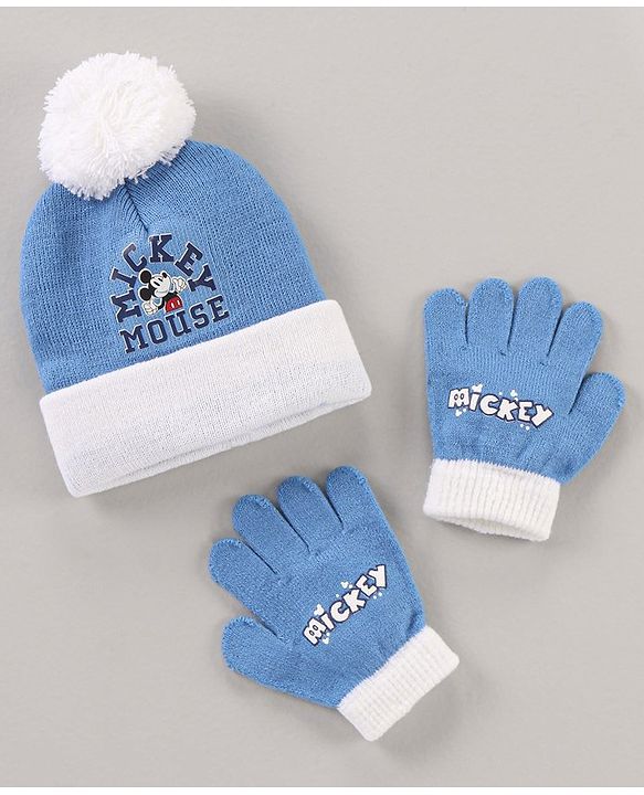 Babyhug Woollen Cap & Gloves Set With Pom Pom Detailing & Mickey Mouse Print Red - Diameter 10.5 cm