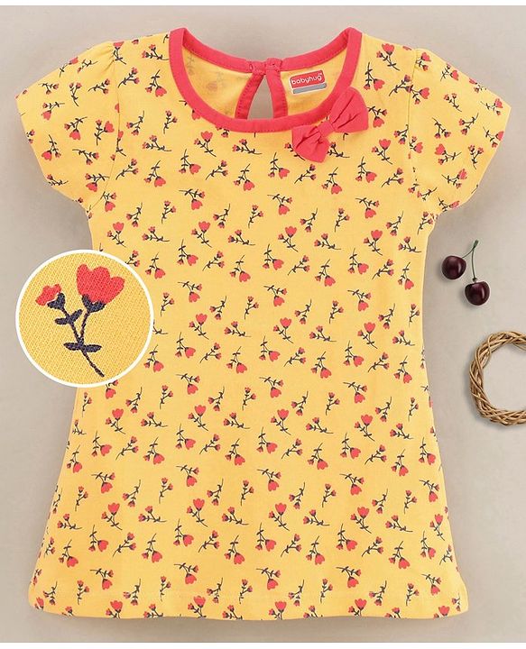 Babyhug Half Sleeves 100% Cotton Floral Print Frock with Bow - Yellow