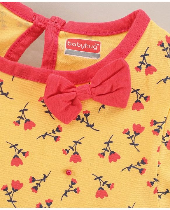 Babyhug Half Sleeves 100% Cotton Floral Print Frock with Bow - Yellow
