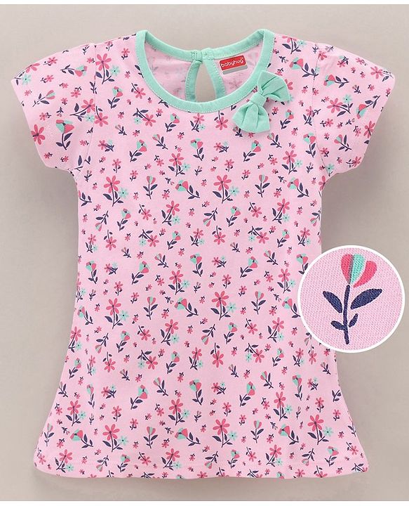 Babyhug Half Sleeves 100% Cotton Frock Floral Print - Pink