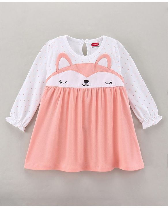 Babyhug 100% Cotton Full Sleeves Frock with Bloomer Polka Dot Print and Animal Face Embroidery - Peach
