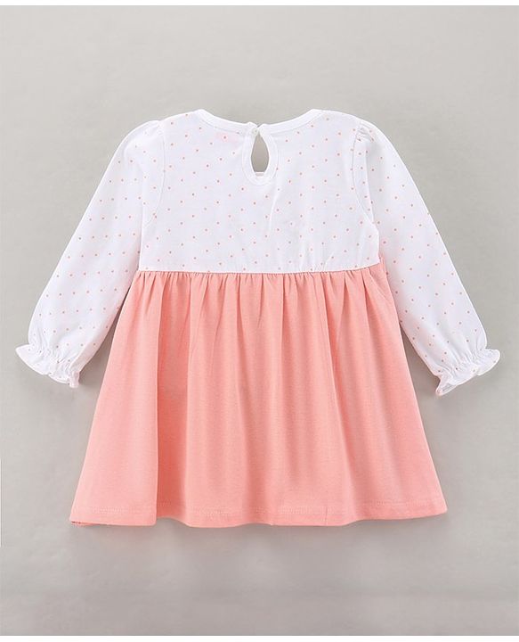 Babyhug 100% Cotton Full Sleeves Frock with Bloomer Polka Dot Print and Animal Face Embroidery - Peach