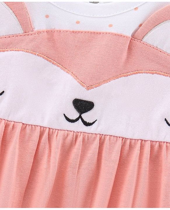 Babyhug 100% Cotton Full Sleeves Frock with Bloomer Polka Dot Print and Animal Face Embroidery - Peach