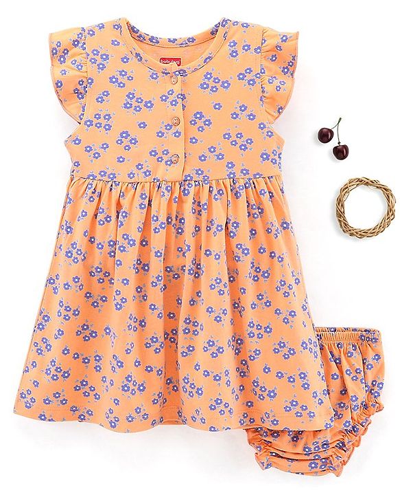 Babyhug 100% Cotton Short Sleeves Frock with Bloomer Floral Print - Orange