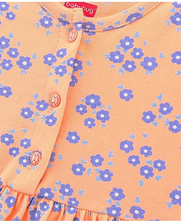 Babyhug 100% Cotton Short Sleeves Frock with Bloomer Floral Print - Orange