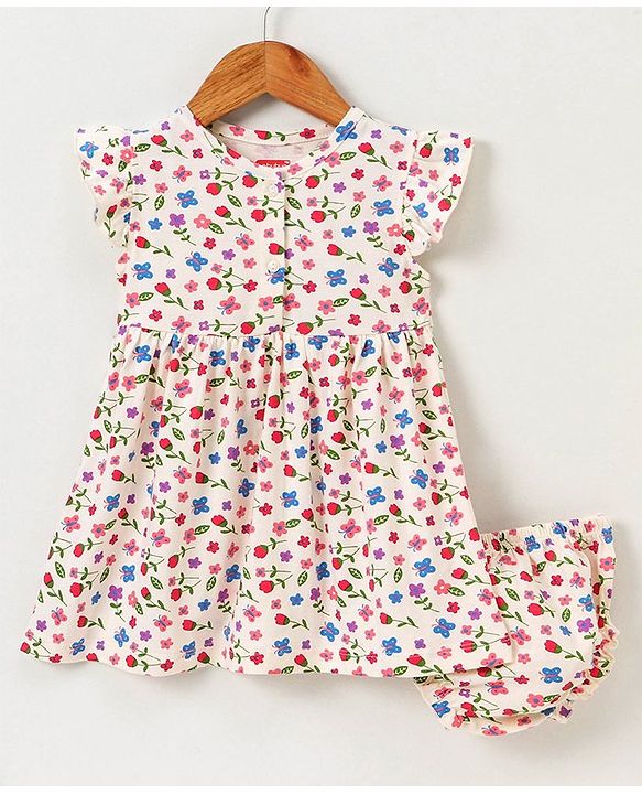 Babyhug 100% Cotton Short Sleeves Frock with Bloomer Floral Print - Lime Cream
