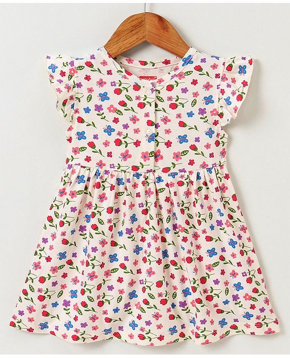 Babyhug 100% Cotton Short Sleeves Frock with Bloomer Floral Print - Lime Cream