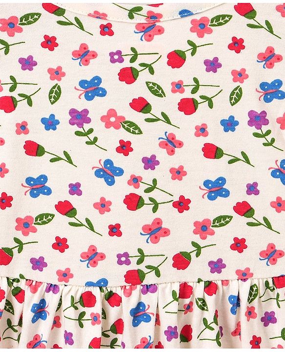 Babyhug 100% Cotton Short Sleeves Frock with Bloomer Floral Print - Lime Cream