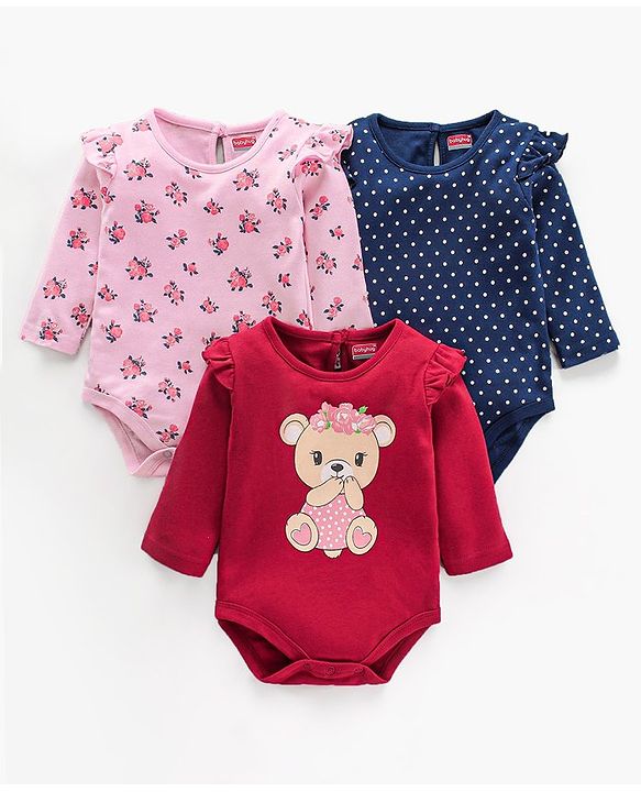 Babyhug 100% Cotton Knit Full Sleeves Onesie Pack of 3 Multi Print - Multicolour