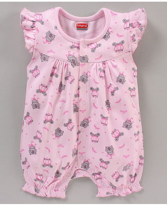 Babyhug 100% Cotton Short Cap Frill Sleeves All Over Printed Romper - Pink