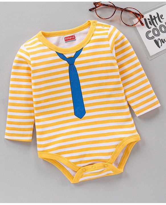Babyhug 100% Cotton Full Sleeves Onesie Striped And Tie Print- Yellow