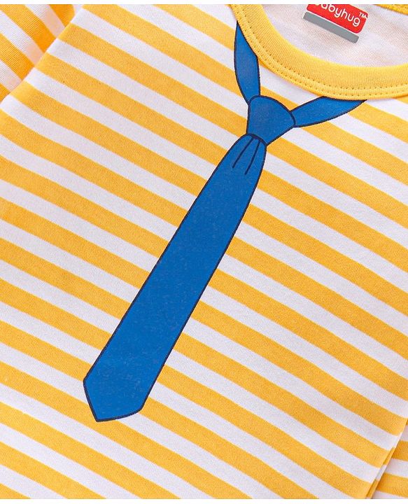 Babyhug 100% Cotton Full Sleeves Onesie Striped And Tie Print- Yellow