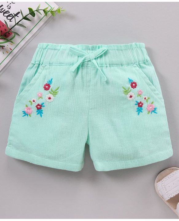 Babyhug Cotton Crinkle Crepe Mid Thigh Length Shorts Floral Embroidered - Mint