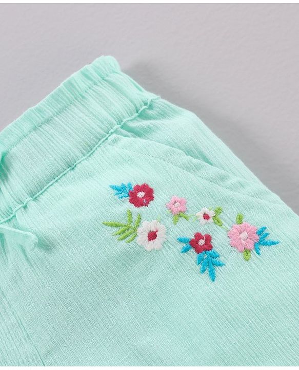 Babyhug Cotton Crinkle Crepe Mid Thigh Length Shorts Floral Embroidered - Mint