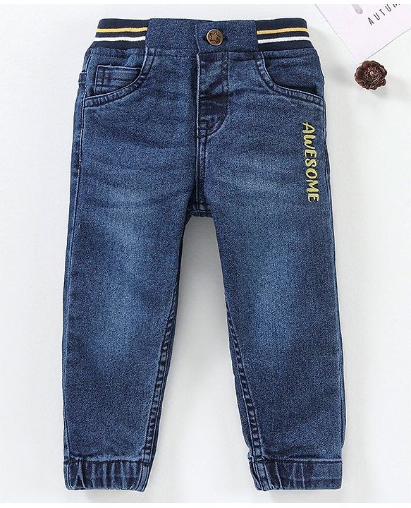 Babyhug Full Length Washed Denim Stretchable Jeans Text Embroidery- Blue