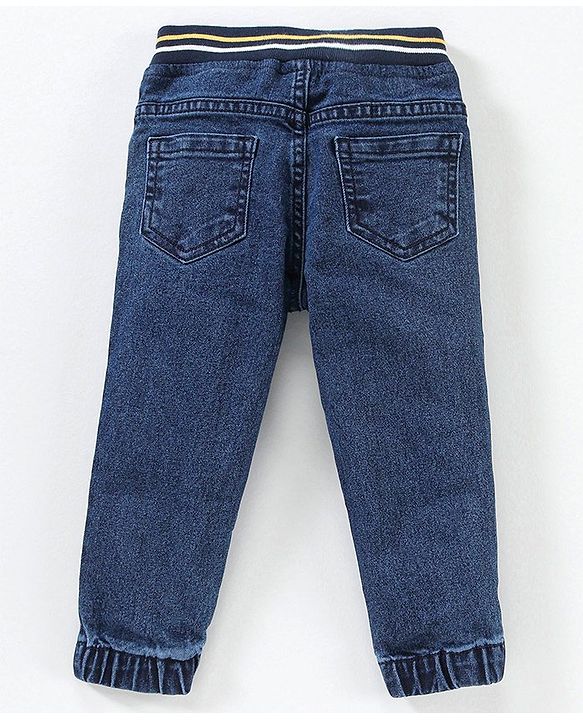 Babyhug Full Length Washed Denim Stretchable Jeans Text Embroidery- Blue