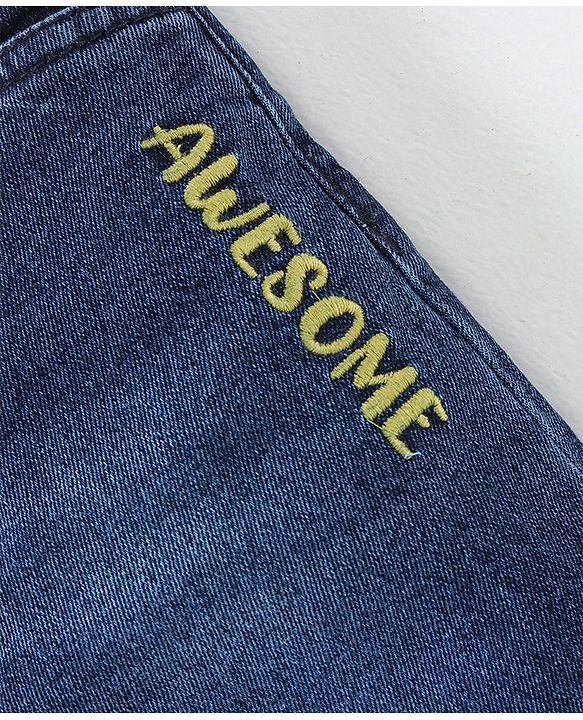 Babyhug Full Length Washed Denim Stretchable Jeans Text Embroidery- Blue