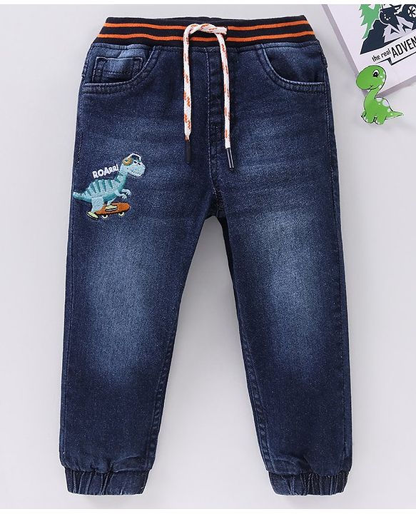 Babyhug Full Length Denim Washed Embroidered Jeans With Stretch - Blue