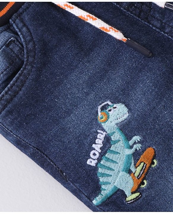 Babyhug Full Length Denim Washed Embroidered Jeans With Stretch - Blue