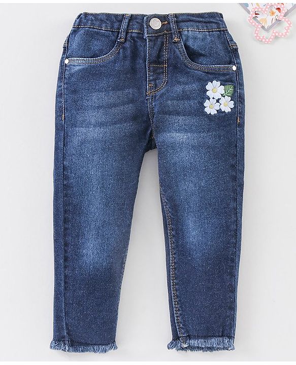 Babyhug Full Length Washed Denim Stretchable Jeans Floral Embroidery- Blue