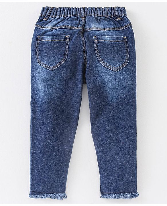 Babyhug Full Length Washed Denim Stretchable Jeans Floral Embroidery- Blue