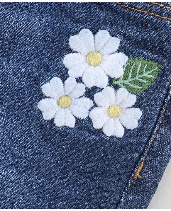 Babyhug Full Length Washed Denim Stretchable Jeans Floral Embroidery- Blue