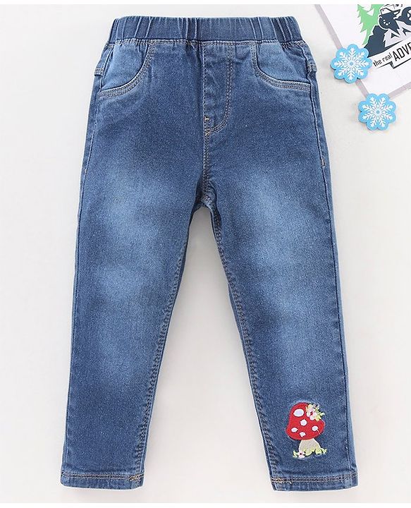 Babyhug Full Length Denim Jeggings Mushroom Embroidery - Blue