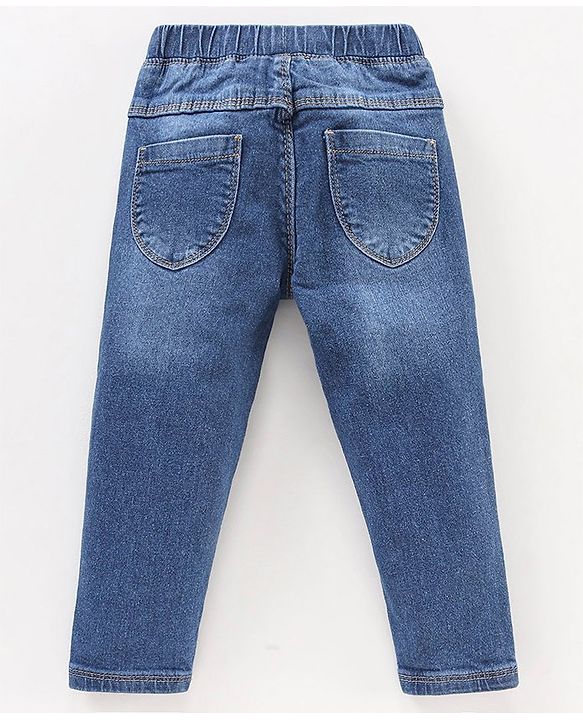 Babyhug Full Length Denim Jeggings Mushroom Embroidery - Blue