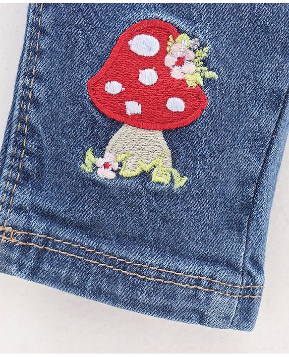 Babyhug Full Length Denim Jeggings Mushroom Embroidery - Blue